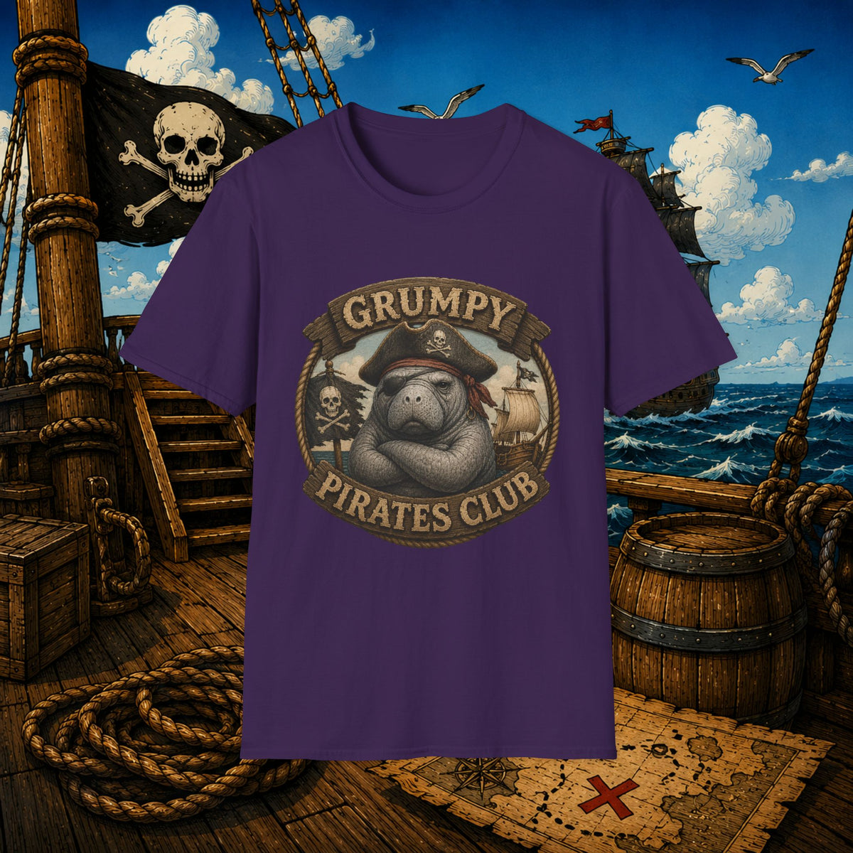 Grumpy Pirates Club Manatee T-Shirt | Funny Pirate Manatee Coastal Humor Tee
