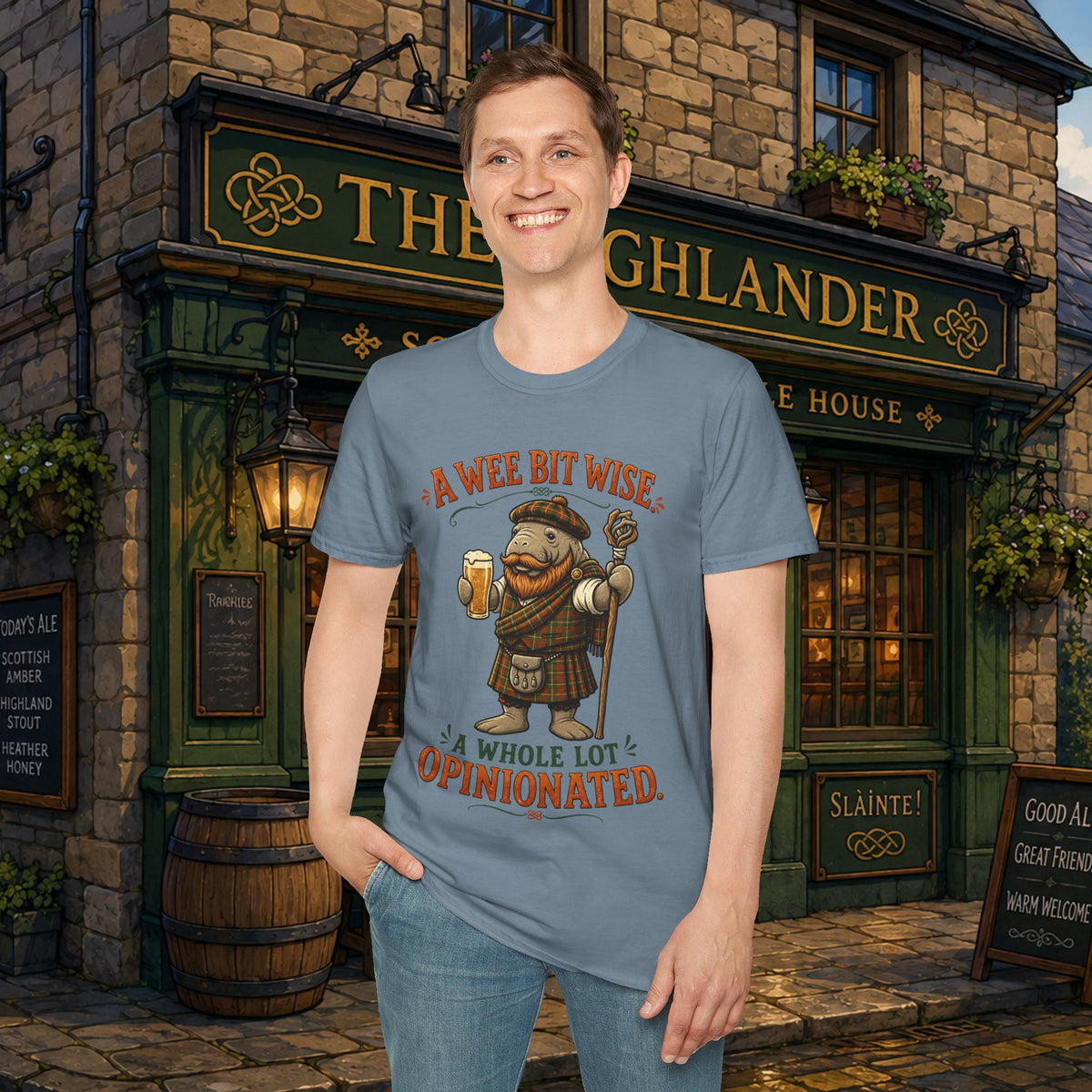 A Wee Bit Wise A Whole Lot Opinionated Shirt | Funny Scottish Manatee Tee | Highland Humor Graphic T-Shirt