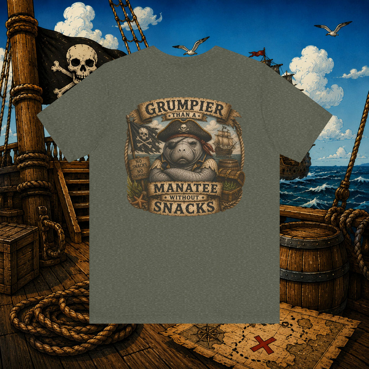 Grumpier Than a Manatee Without Snacks | Funny Pirate Manatee T-Shirt