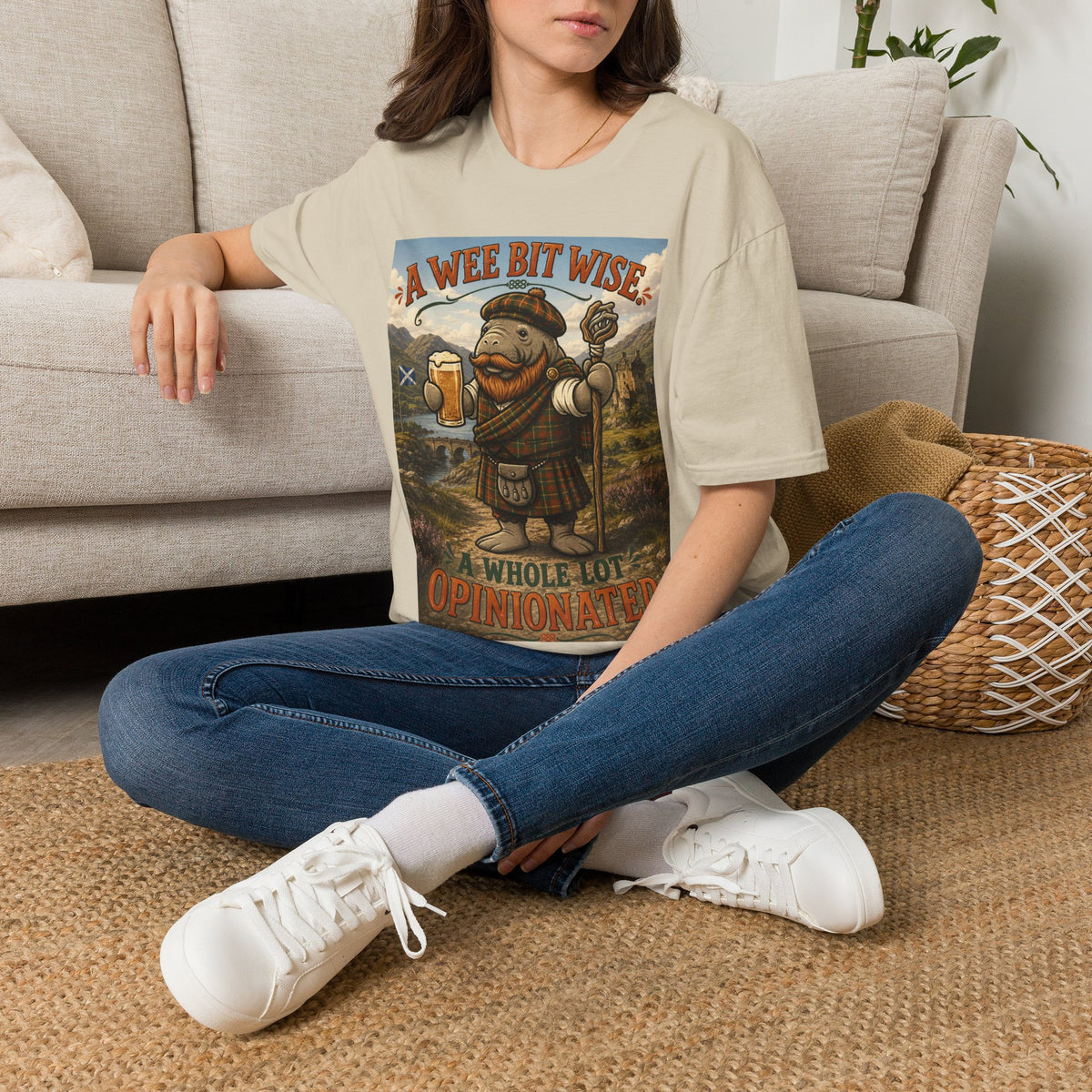 A Wee Bit Wise A Whole Lot Opinionated Shirt | Funny Scottish Manatee Tee | Highland Humor Graphic T-Shirt