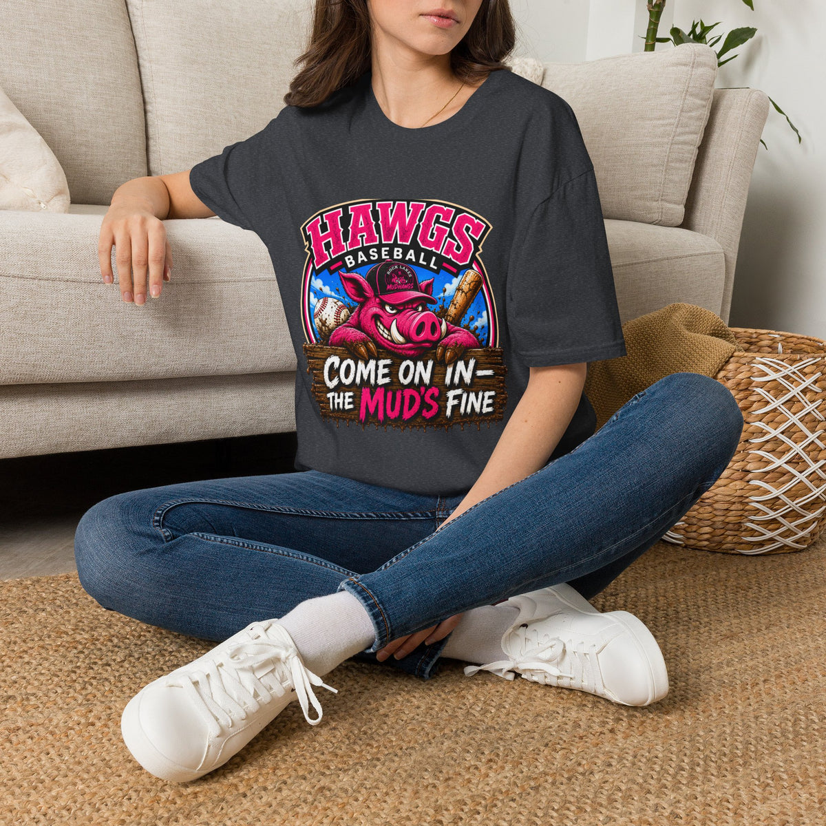 Rock Lakes Mud Hawgs Baseball Shirt | Come On In The Mud's Fine | Funny Pig Baseball Team Tee