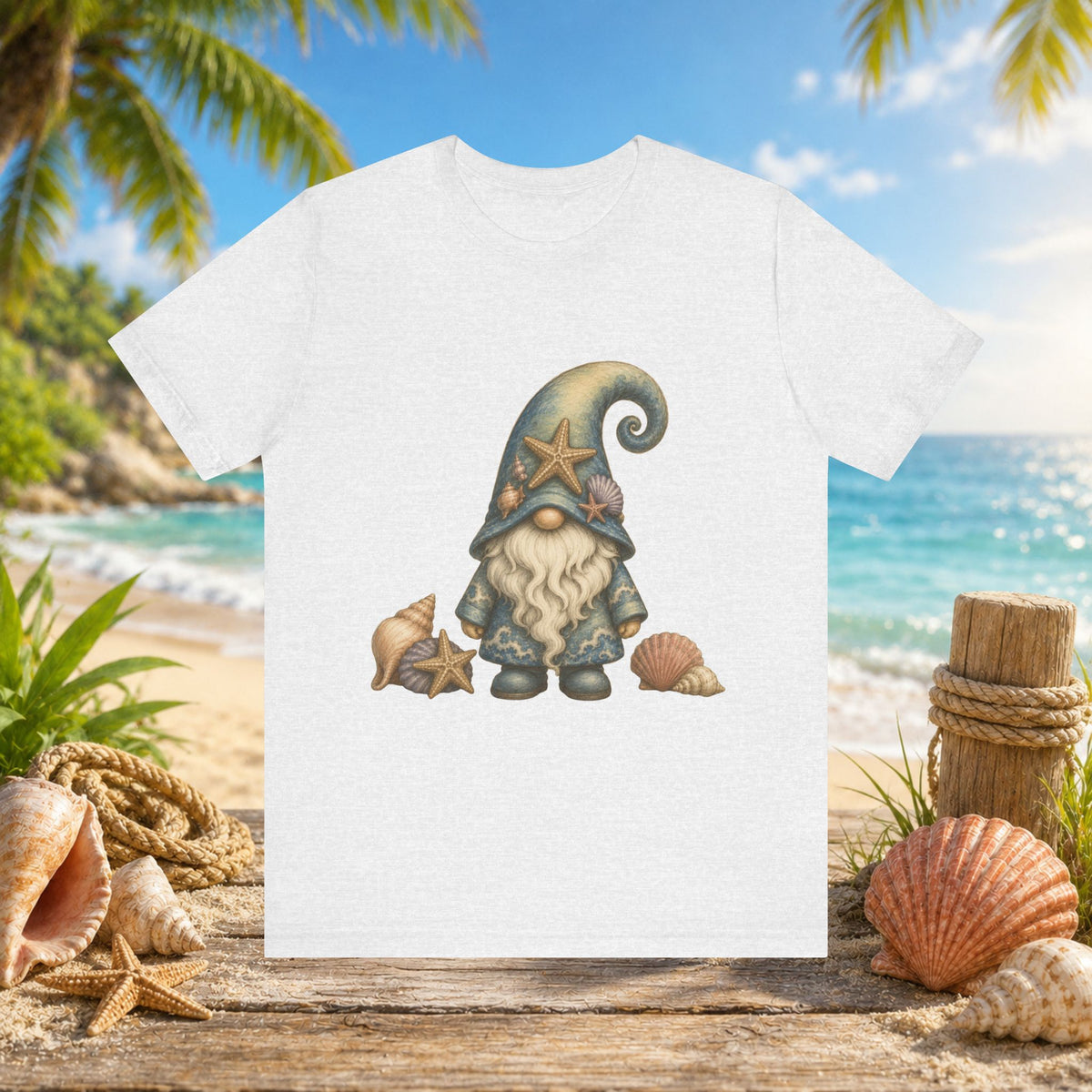 Beach Gnome with Seashells and Starfish | Coastal Nautical Fantasy Art