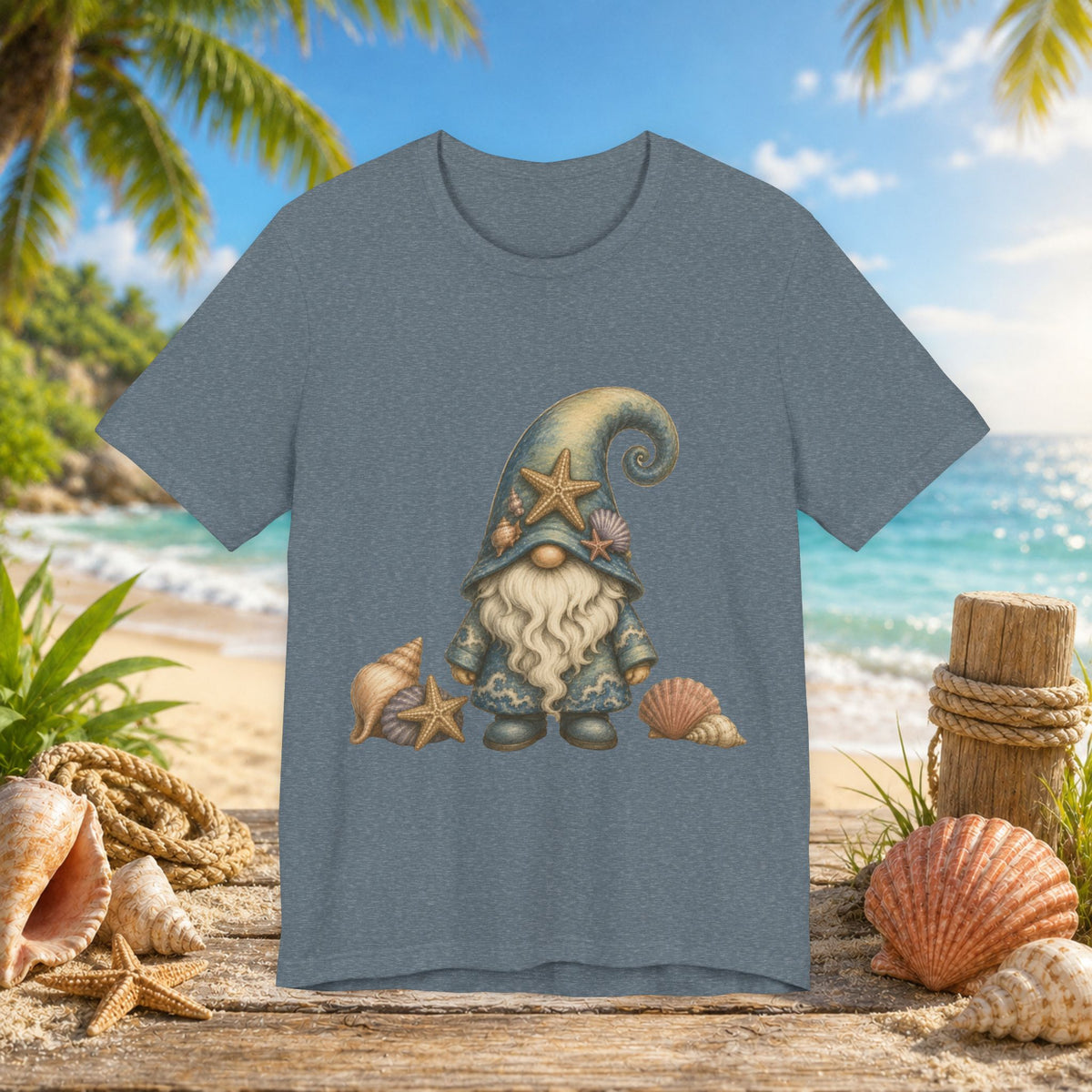 Beach Gnome with Seashells and Starfish | Coastal Nautical Fantasy Art