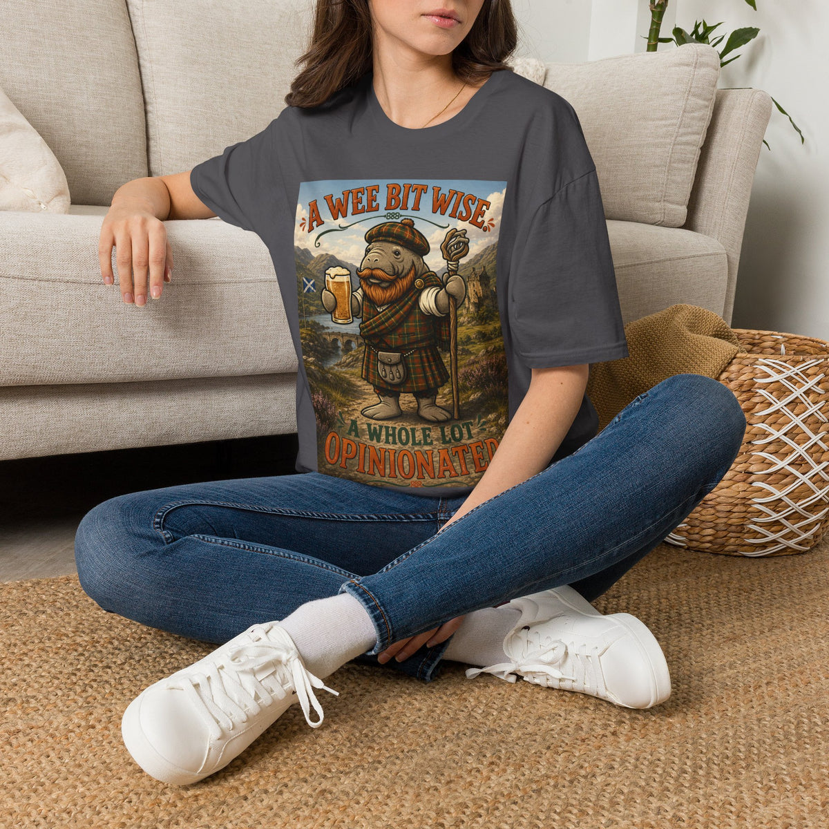 A Wee Bit Wise A Whole Lot Opinionated Shirt | Funny Scottish Manatee Tee | Highland Humor Graphic T-Shirt