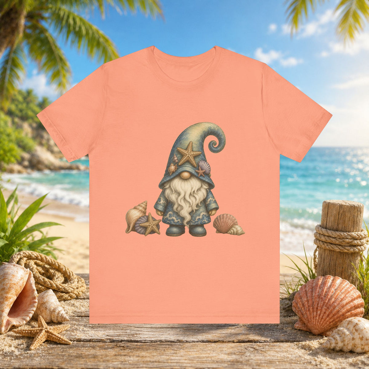 Beach Gnome with Seashells and Starfish | Coastal Nautical Fantasy Art