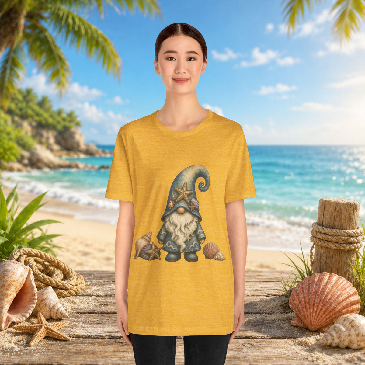 Beach Gnome with Seashells and Starfish | Coastal Nautical Fantasy Art