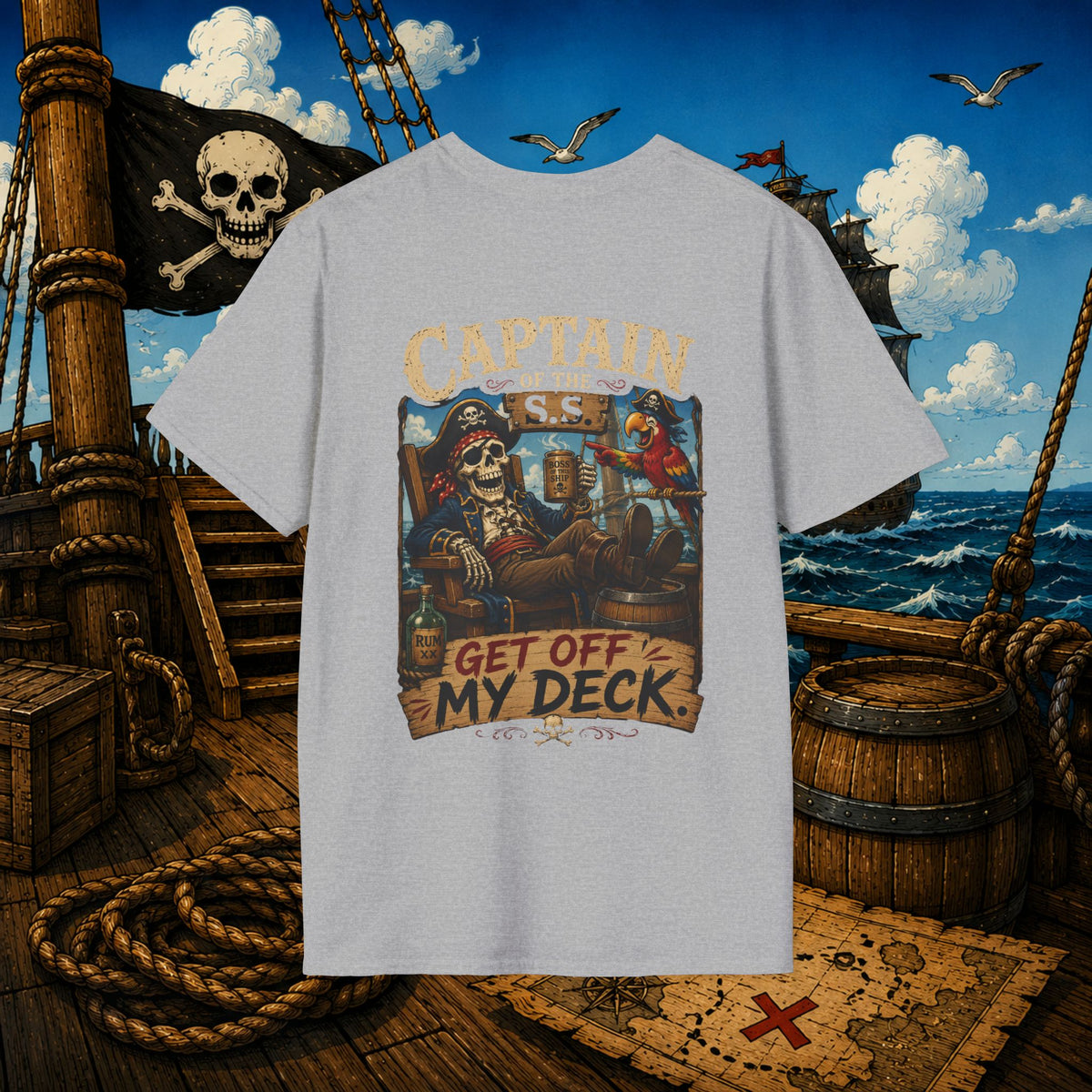 Captain of the S.S. Get Off My Deck Pirate Skeleton Shirt – Funny Grumpy Pirate Graphic Tee