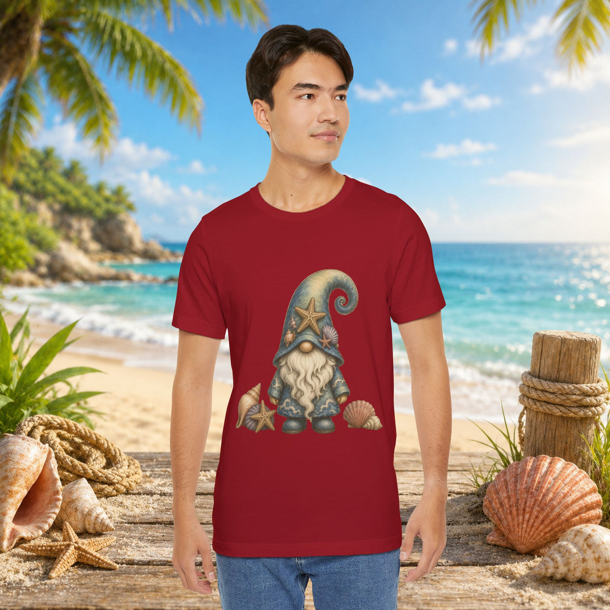 Beach Gnome with Seashells and Starfish | Coastal Nautical Fantasy Art