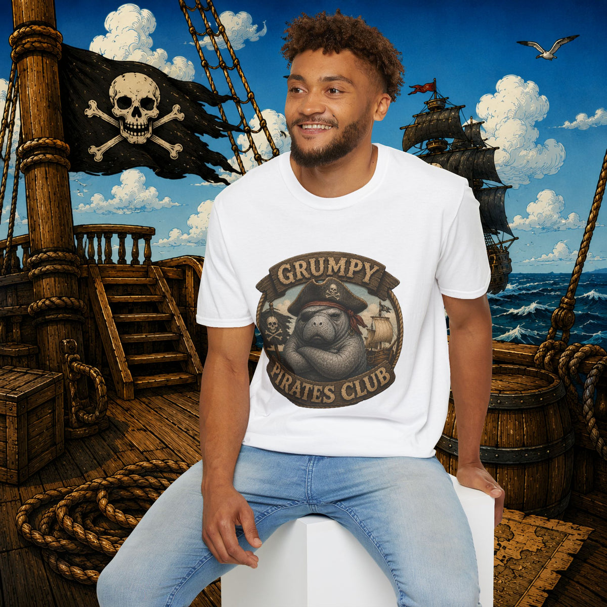 Grumpy Pirates Club Manatee T-Shirt | Funny Pirate Manatee Coastal Humor Tee
