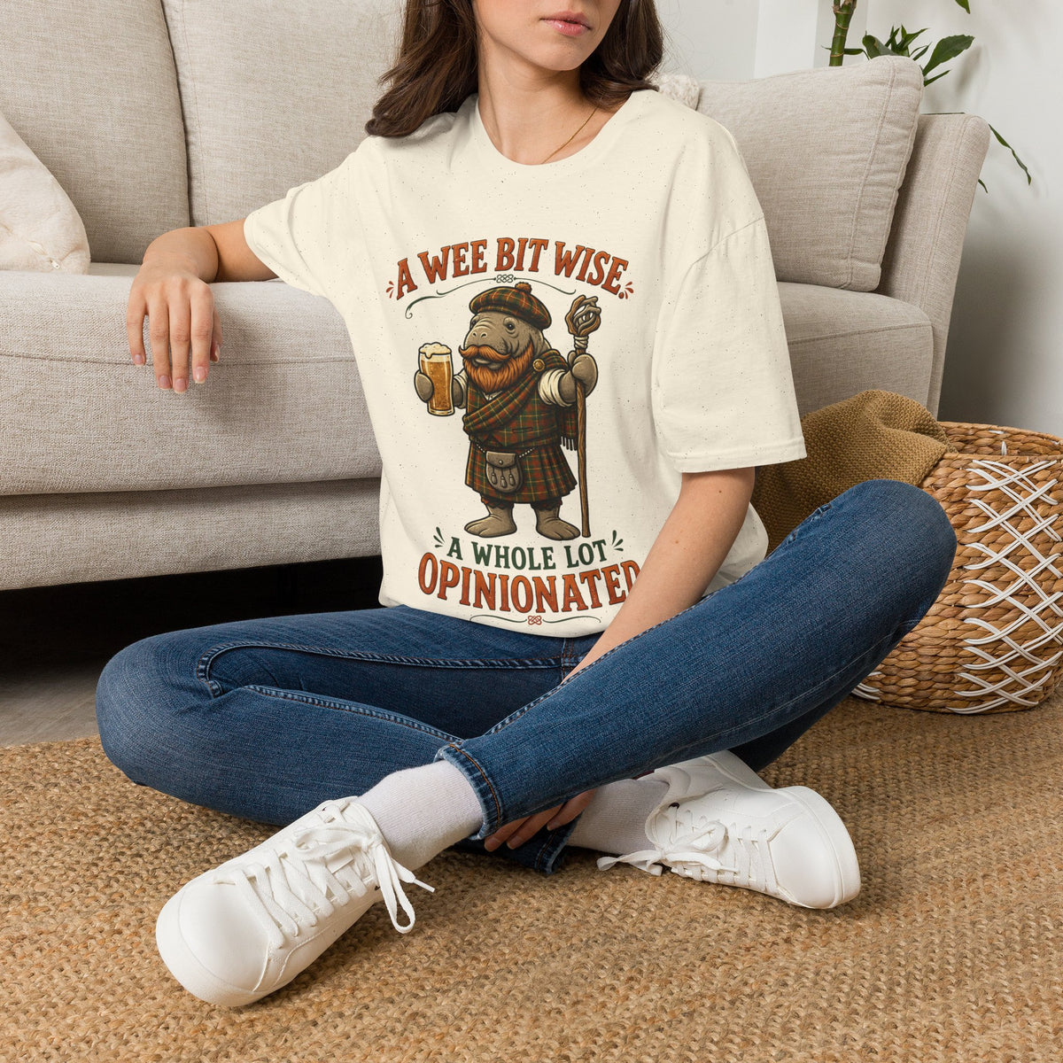 A Wee Bit Wise A Whole Lot Opinionated Shirt | Funny Scottish Manatee Tee | Highland Humor Graphic T-Shirt