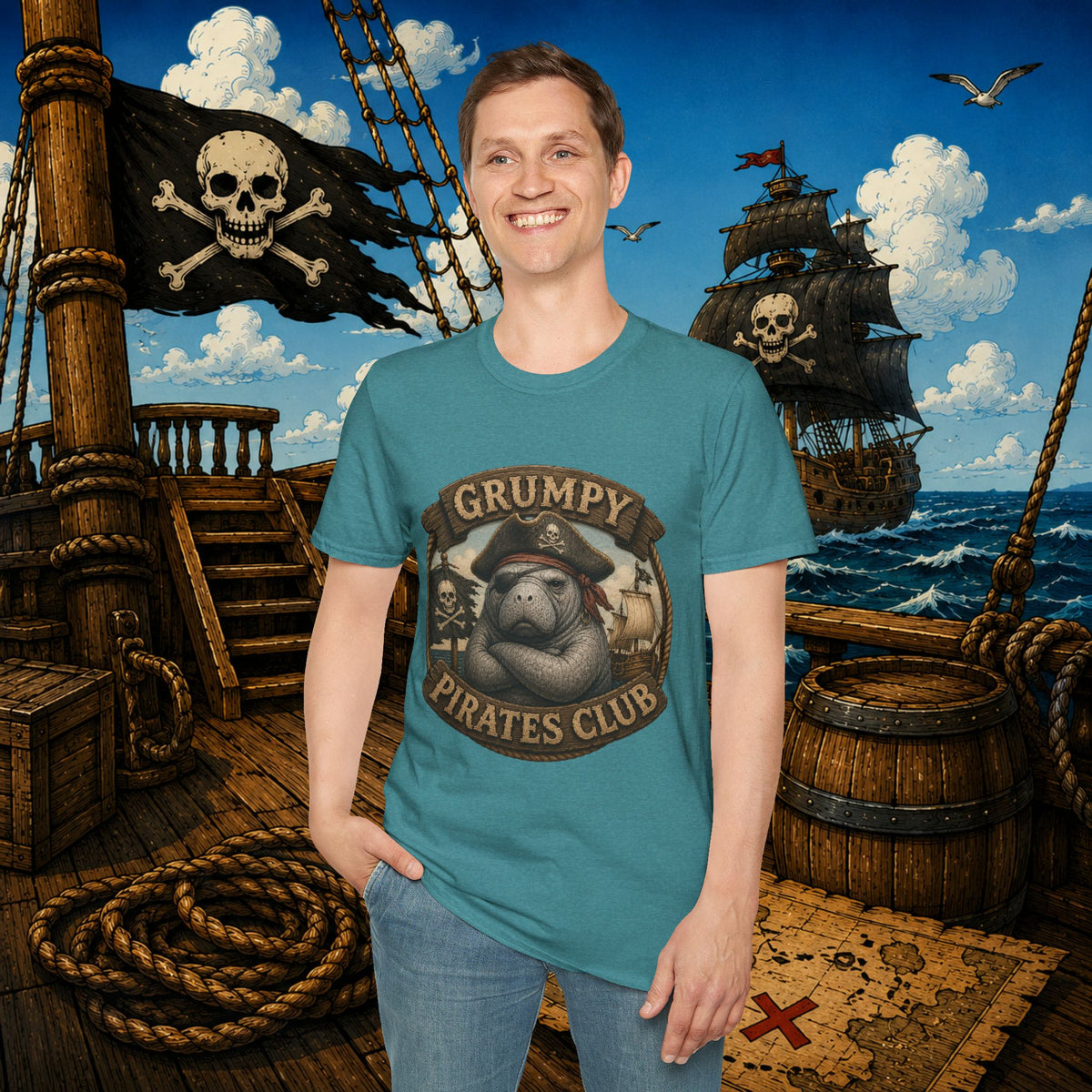 Grumpy Pirates Club Manatee T-Shirt | Funny Pirate Manatee Coastal Humor Tee