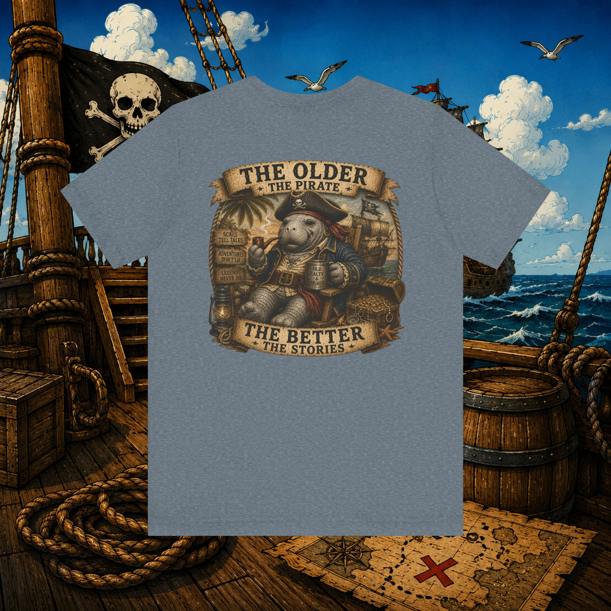 The Older the Pirate, The Better the Stories | Grumpy Pirate Club Manatee T-Shirt