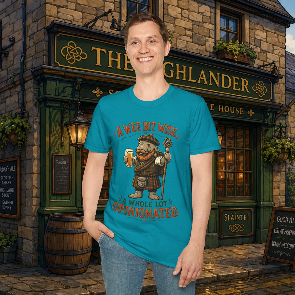 A Wee Bit Wise A Whole Lot Opinionated Shirt | Funny Scottish Manatee Tee | Highland Humor Graphic T-Shirt