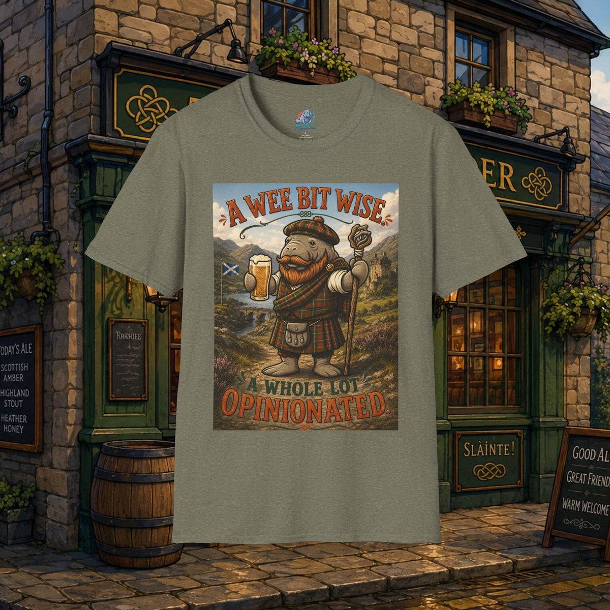 A Wee Bit Wise A Whole Lot Opinionated Shirt | Funny Scottish Manatee Tee | Highland Humor Graphic T-Shirt