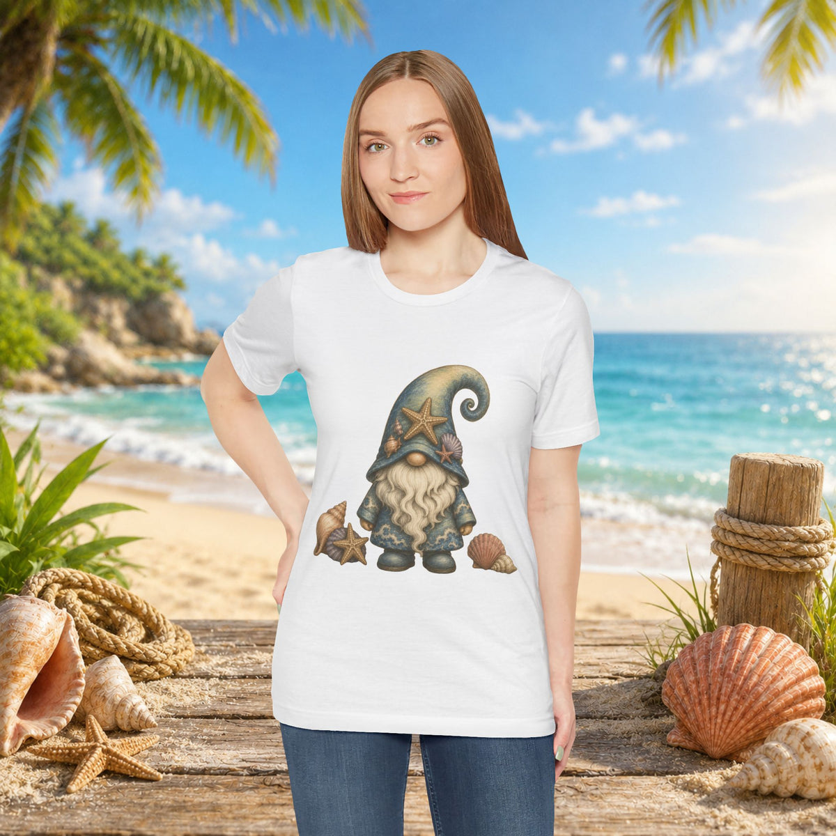 Beach Gnome with Seashells and Starfish | Coastal Nautical Fantasy Art