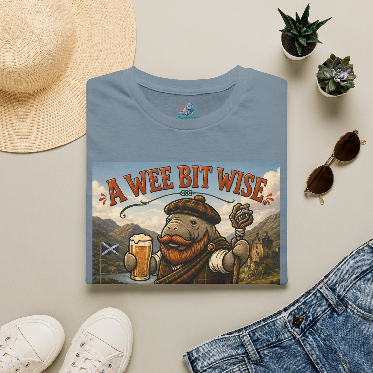 A Wee Bit Wise A Whole Lot Opinionated Shirt | Funny Scottish Manatee Tee | Highland Humor Graphic T-Shirt
