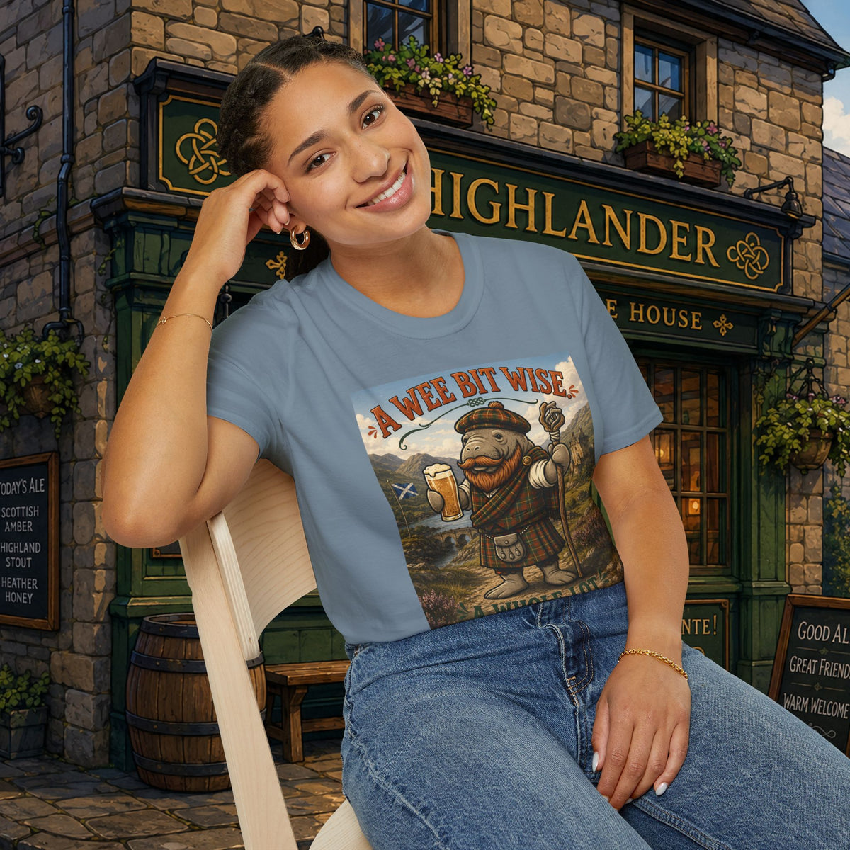 A Wee Bit Wise A Whole Lot Opinionated Shirt | Funny Scottish Manatee Tee | Highland Humor Graphic T-Shirt