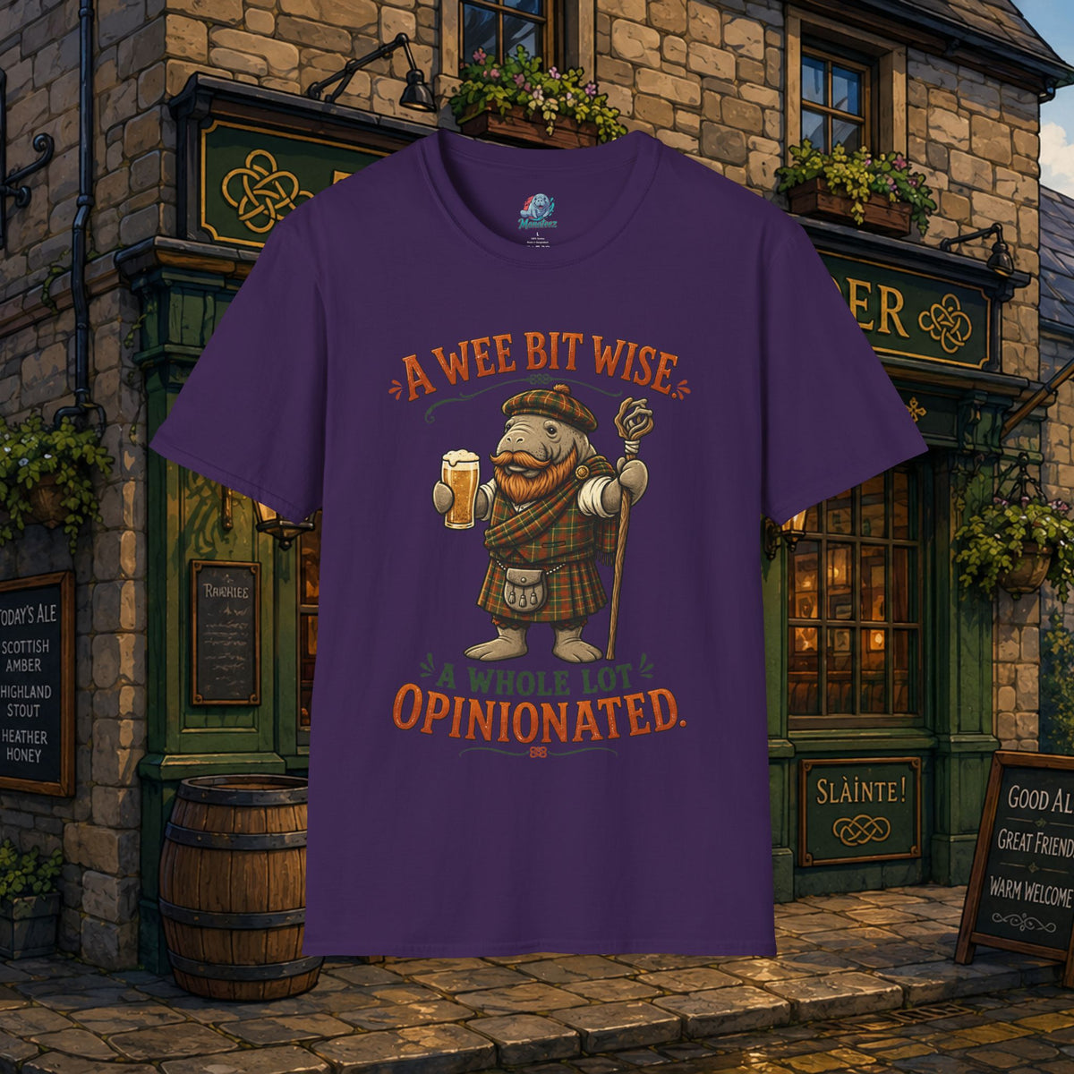 A Wee Bit Wise A Whole Lot Opinionated Shirt | Funny Scottish Manatee Tee | Highland Humor Graphic T-Shirt