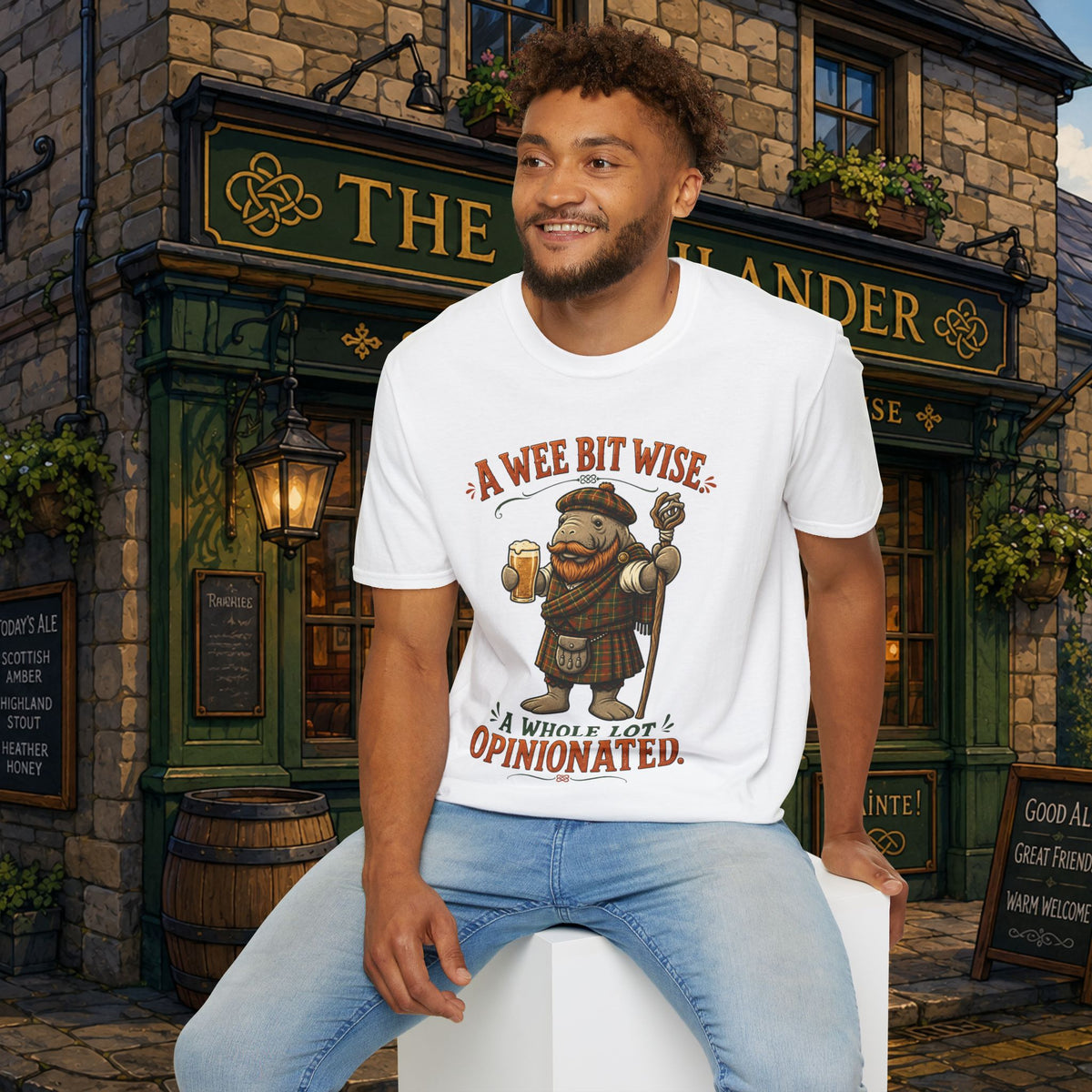 A Wee Bit Wise A Whole Lot Opinionated Shirt | Funny Scottish Manatee Tee | Highland Humor Graphic T-Shirt