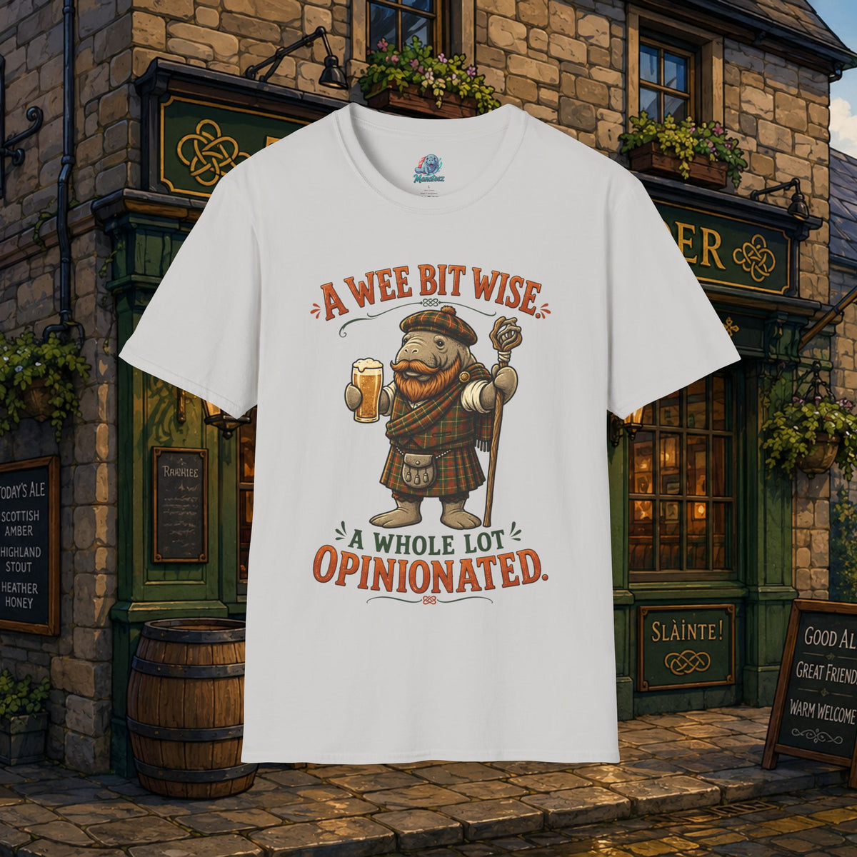 A Wee Bit Wise A Whole Lot Opinionated Shirt | Funny Scottish Manatee Tee | Highland Humor Graphic T-Shirt