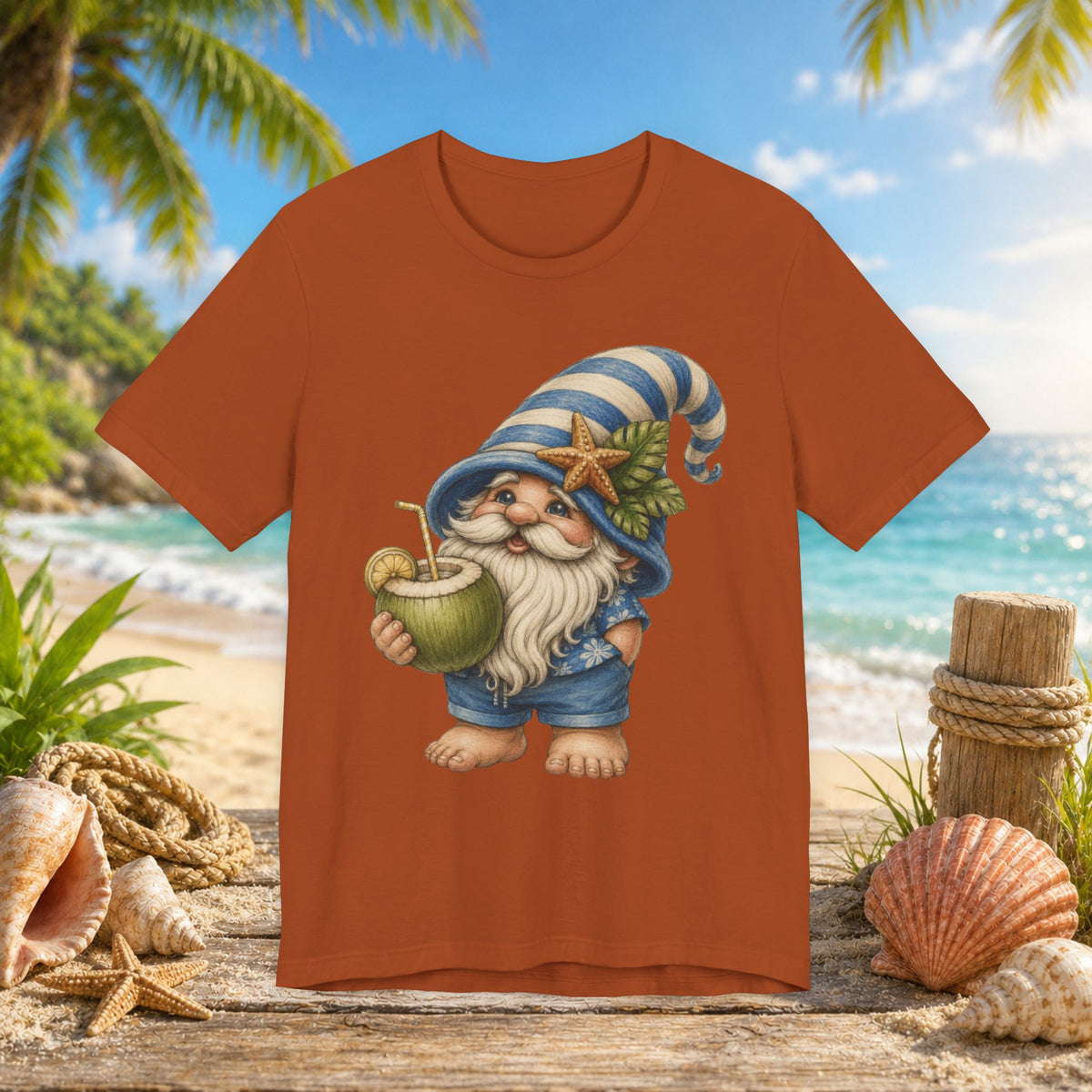 Beach Gnome Drinking Coconut | Coastal Summer Gnome Illustration