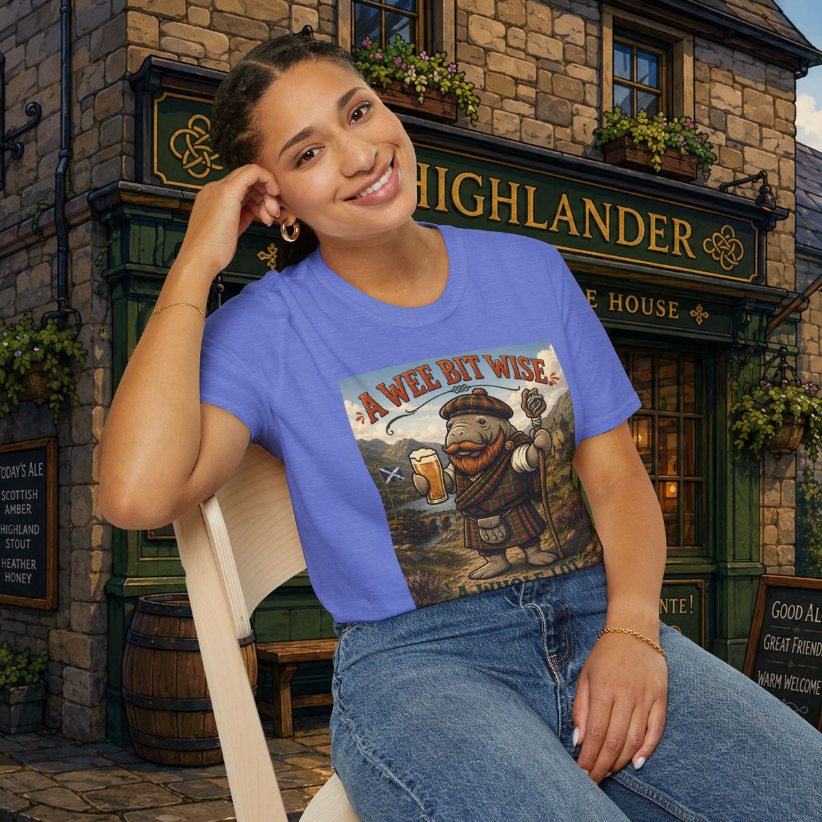 A Wee Bit Wise A Whole Lot Opinionated Shirt | Funny Scottish Manatee Tee | Highland Humor Graphic T-Shirt