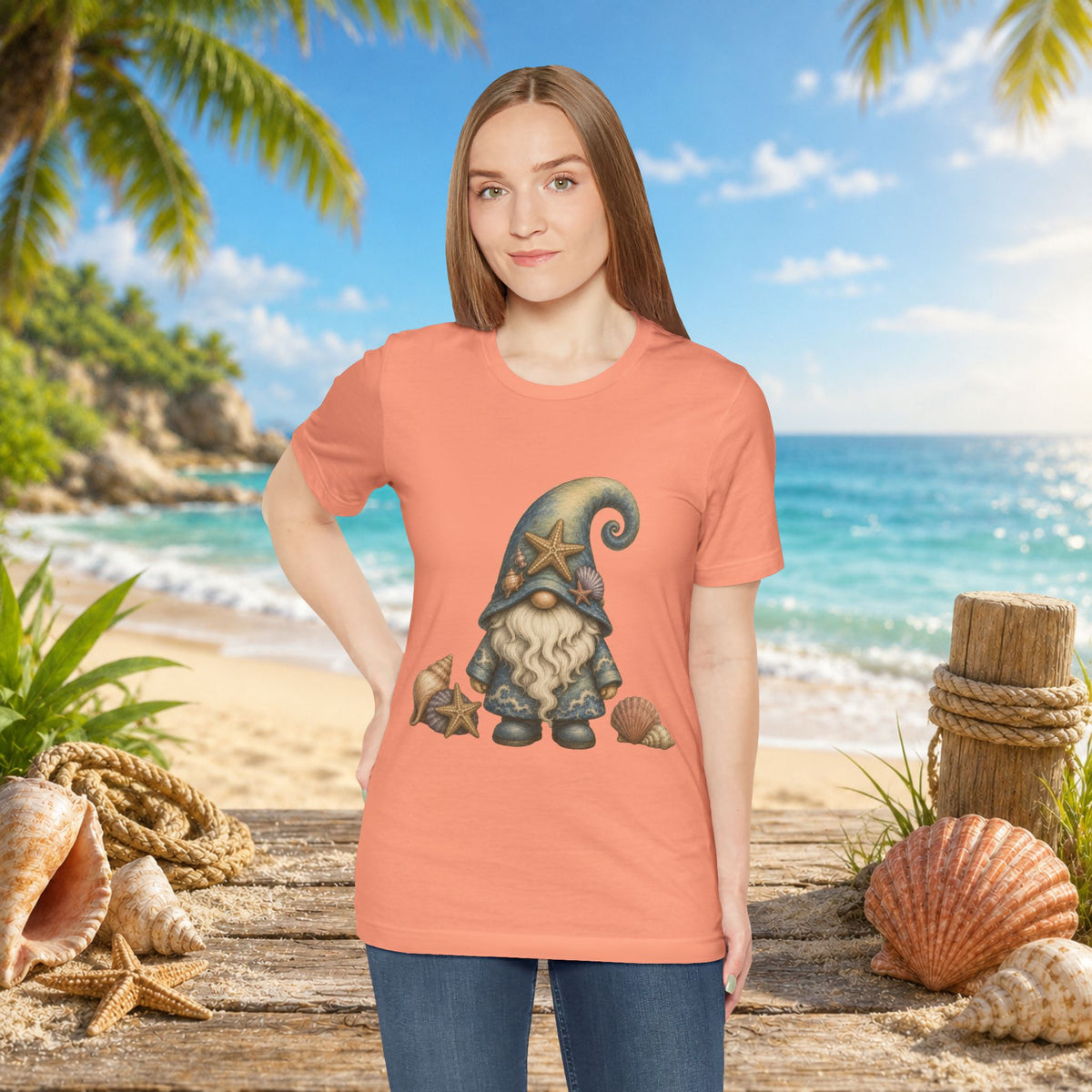 Beach Gnome with Seashells and Starfish | Coastal Nautical Fantasy Art