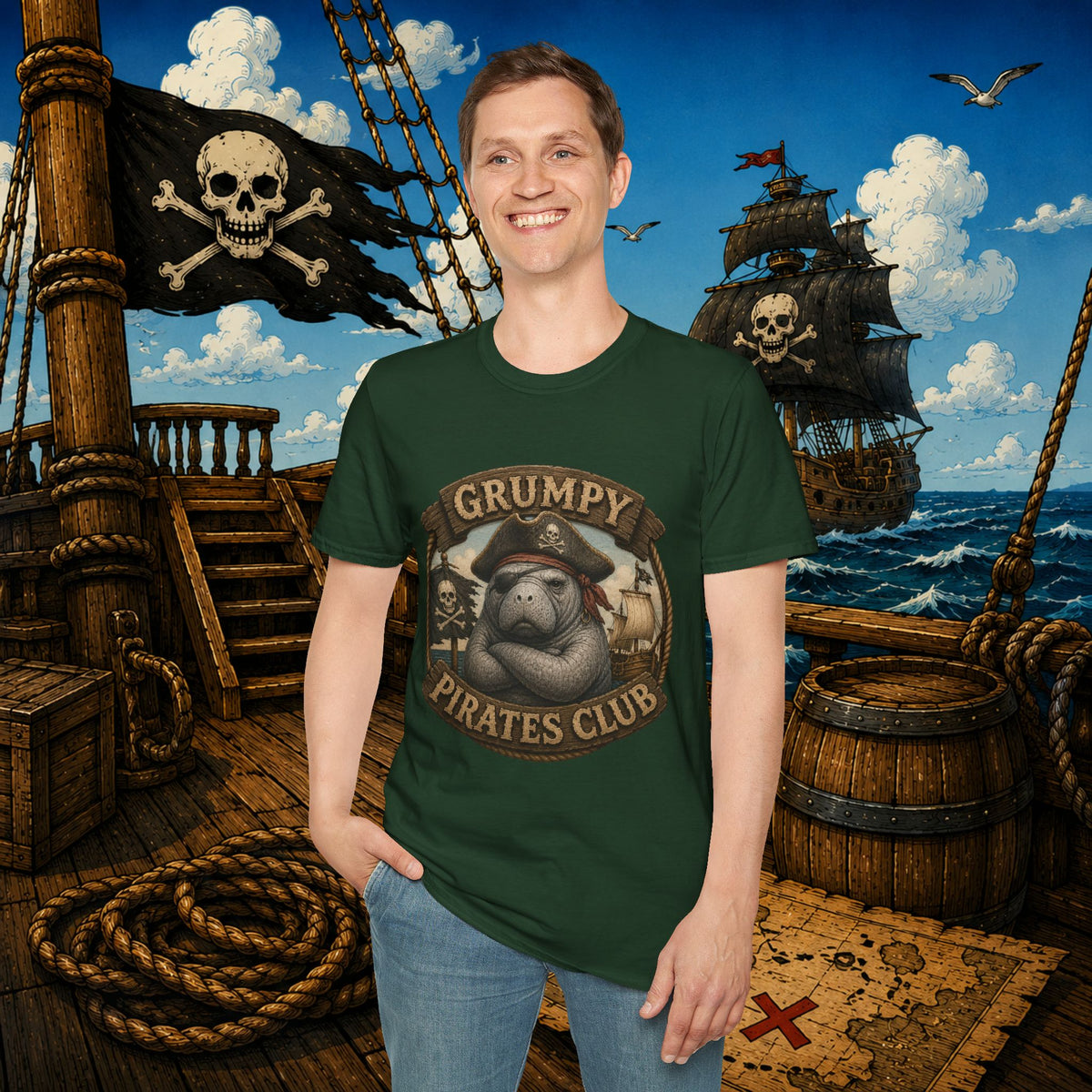 Grumpy Pirates Club Manatee T-Shirt | Funny Pirate Manatee Coastal Humor Tee