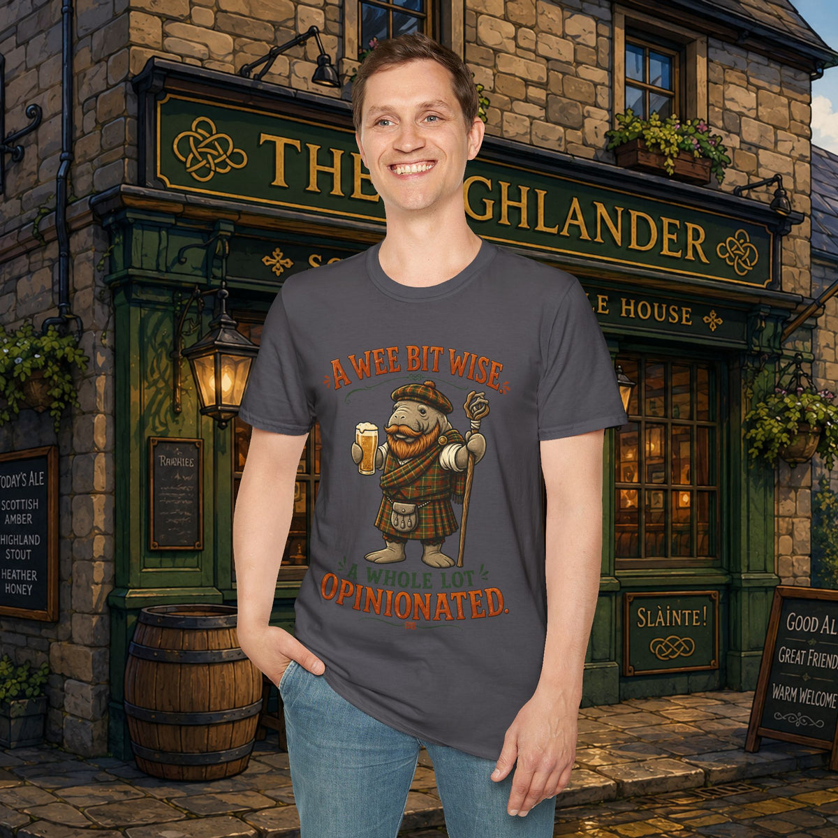 A Wee Bit Wise A Whole Lot Opinionated Shirt | Funny Scottish Manatee Tee | Highland Humor Graphic T-Shirt