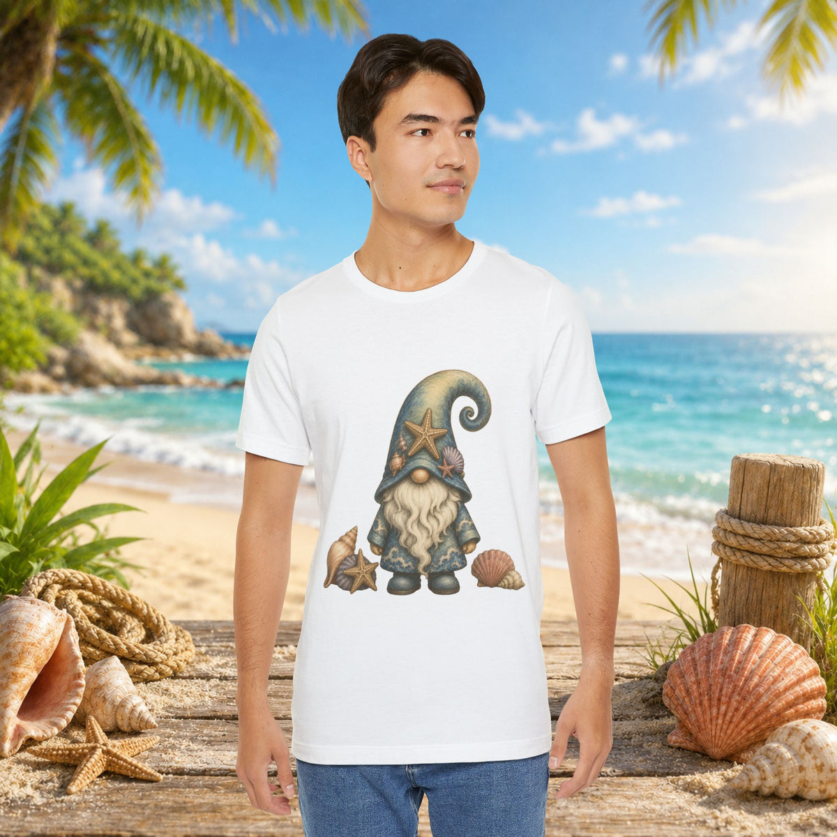 Beach Gnome with Seashells and Starfish | Coastal Nautical Fantasy Art