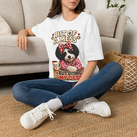 Bit of a Mess But Doing My Best Funny Dog Mom Shirt | Cute Puppy Pajamas Coffee Lover Graphic Tee No Background