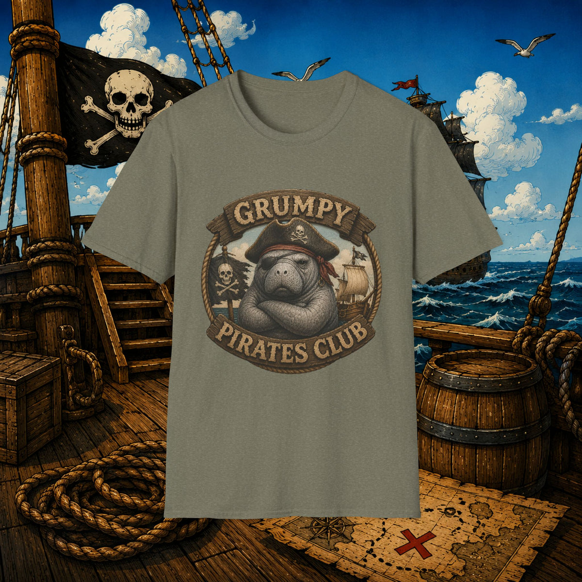 Grumpy Pirates Club Manatee T-Shirt | Funny Pirate Manatee Coastal Humor Tee