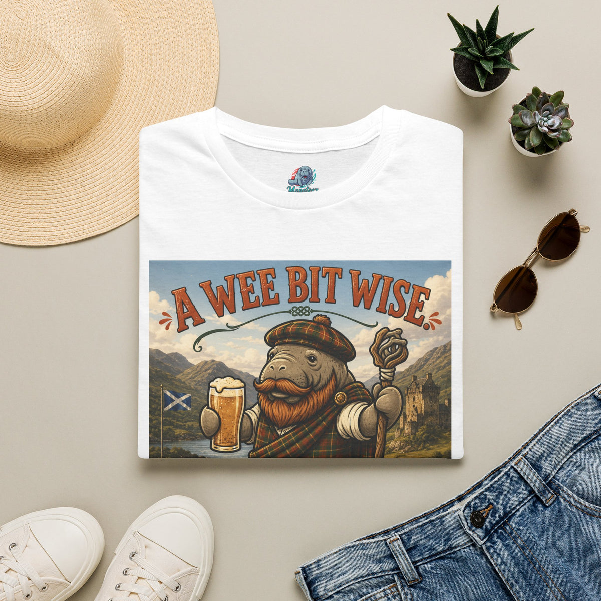 A Wee Bit Wise A Whole Lot Opinionated Shirt | Funny Scottish Manatee Tee | Highland Humor Graphic T-Shirt