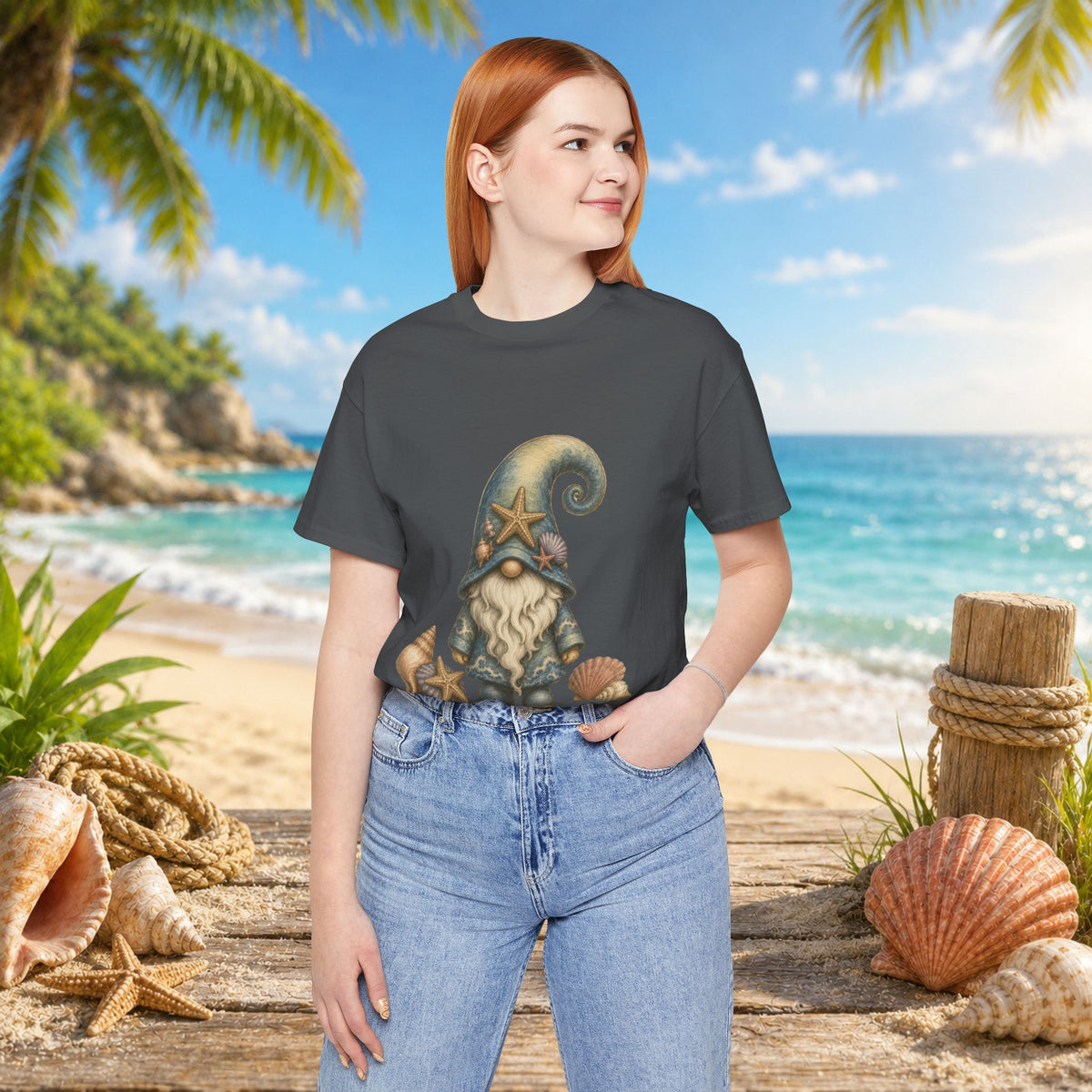 Beach Gnome with Seashells and Starfish | Coastal Nautical Fantasy Art