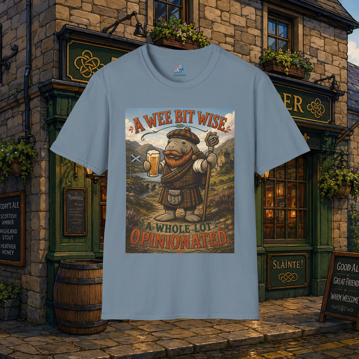 A Wee Bit Wise A Whole Lot Opinionated Shirt | Funny Scottish Manatee Tee | Highland Humor Graphic T-Shirt