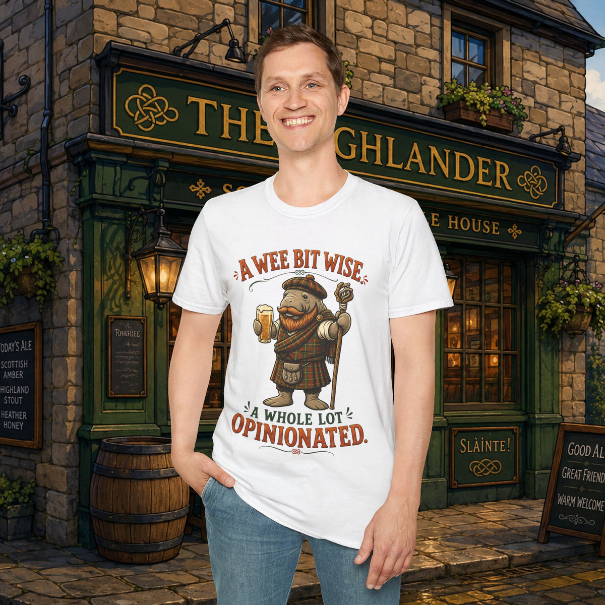 A Wee Bit Wise A Whole Lot Opinionated Shirt | Funny Scottish Manatee Tee | Highland Humor Graphic T-Shirt