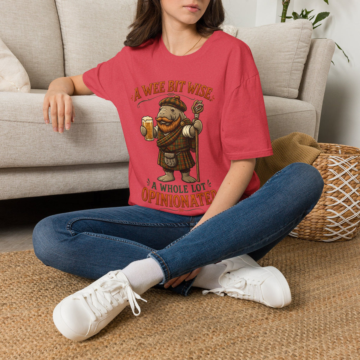 A Wee Bit Wise A Whole Lot Opinionated Shirt | Funny Scottish Manatee Tee | Highland Humor Graphic T-Shirt