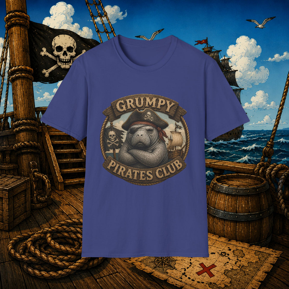 Grumpy Pirates Club Manatee T-Shirt | Funny Pirate Manatee Coastal Humor Tee