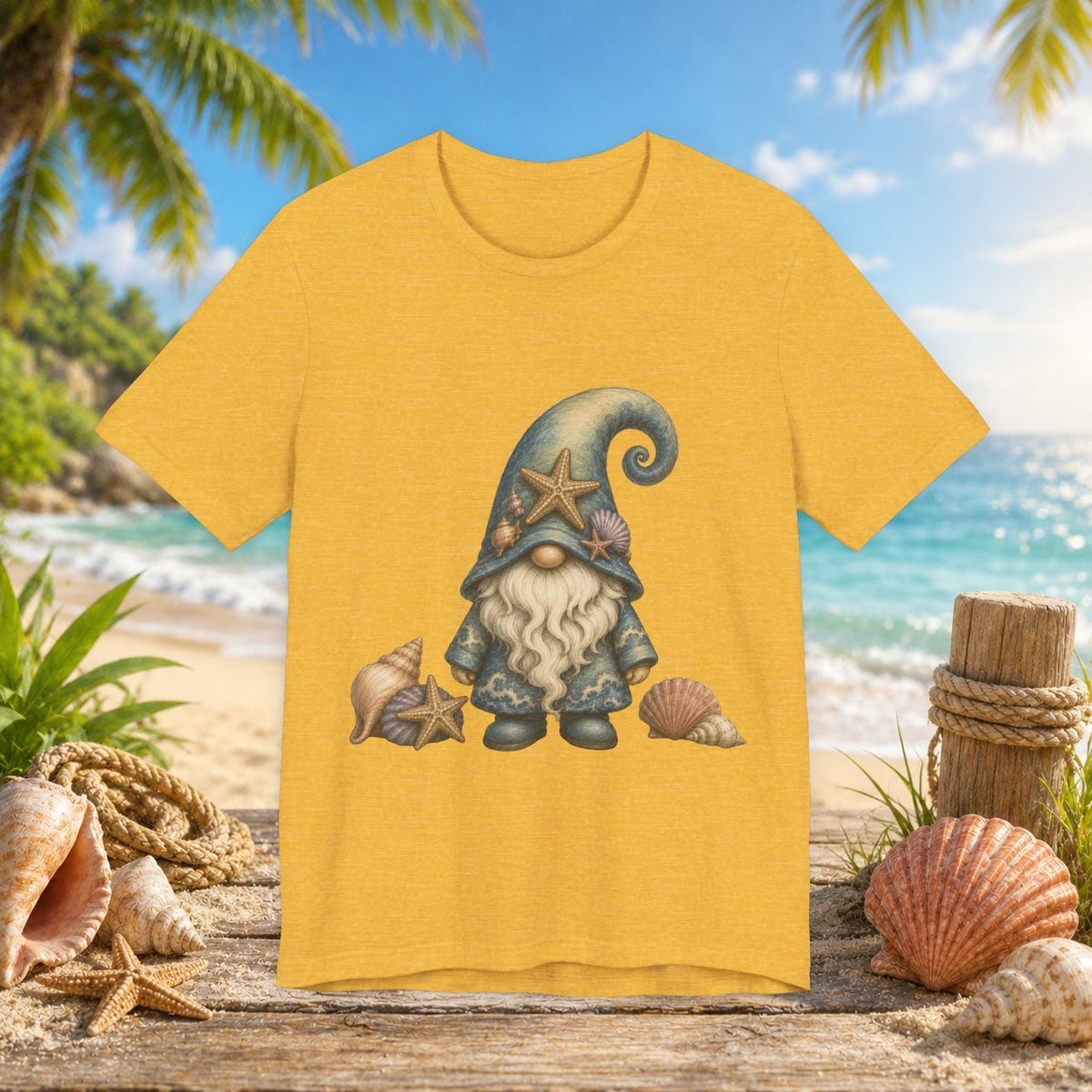 Beach Gnome with Seashells and Starfish | Coastal Nautical Fantasy Art