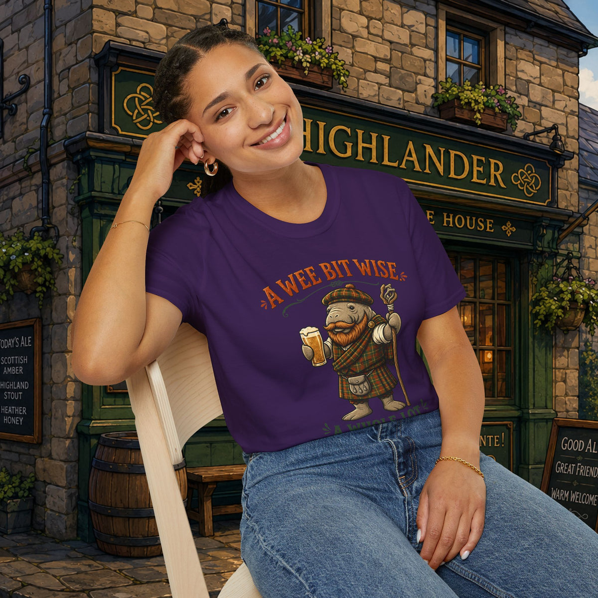 A Wee Bit Wise A Whole Lot Opinionated Shirt | Funny Scottish Manatee Tee | Highland Humor Graphic T-Shirt