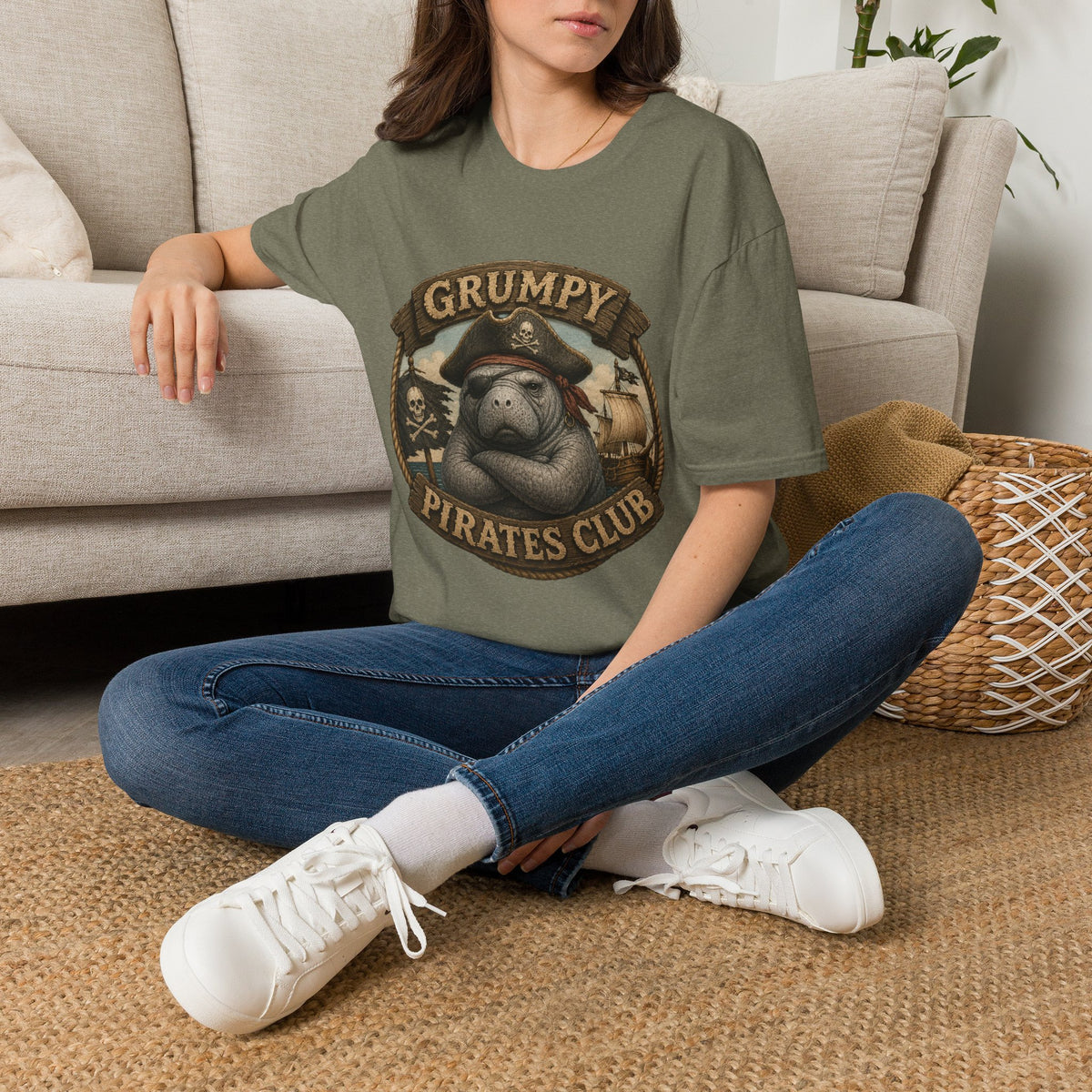 Grumpy Pirates Club Manatee T-Shirt | Funny Pirate Manatee Coastal Humor Tee