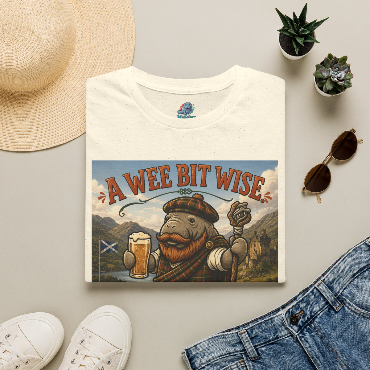A Wee Bit Wise A Whole Lot Opinionated Shirt | Funny Scottish Manatee Tee | Highland Humor Graphic T-Shirt