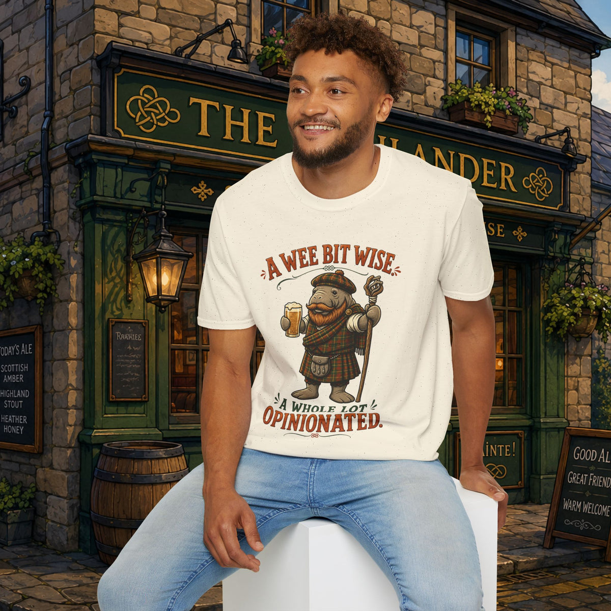 A Wee Bit Wise A Whole Lot Opinionated Shirt | Funny Scottish Manatee Tee | Highland Humor Graphic T-Shirt