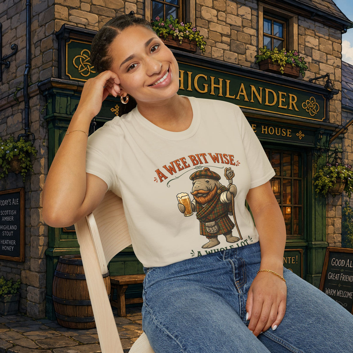 A Wee Bit Wise A Whole Lot Opinionated Shirt | Funny Scottish Manatee Tee | Highland Humor Graphic T-Shirt