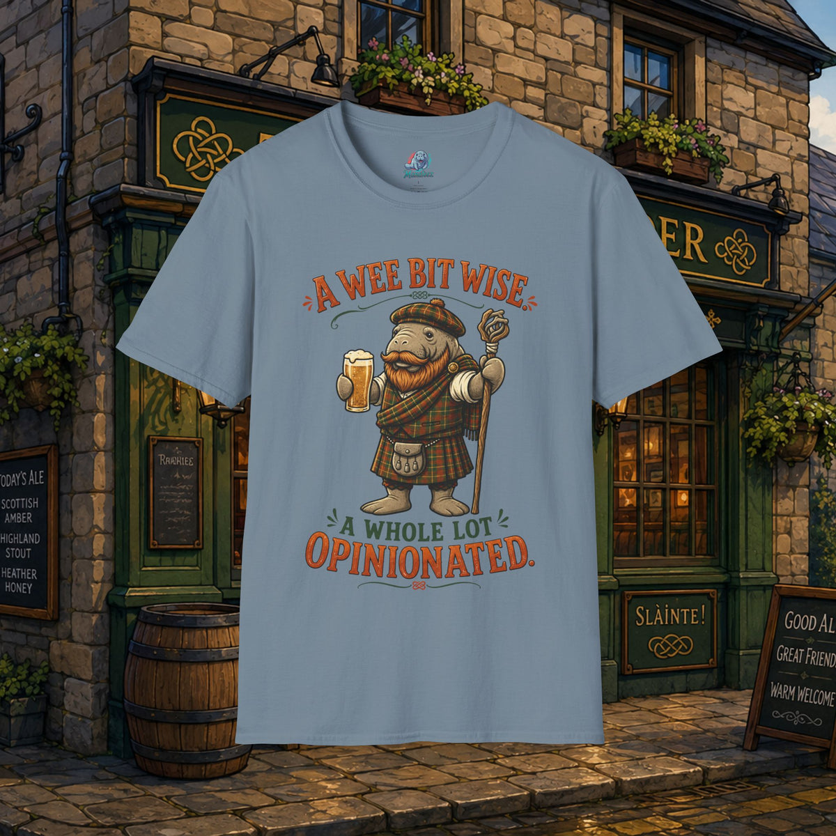 A Wee Bit Wise A Whole Lot Opinionated Shirt | Funny Scottish Manatee Tee | Highland Humor Graphic T-Shirt