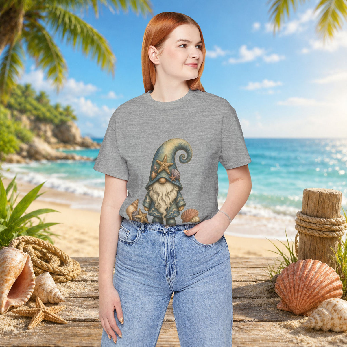 Beach Gnome with Seashells and Starfish | Coastal Nautical Fantasy Art