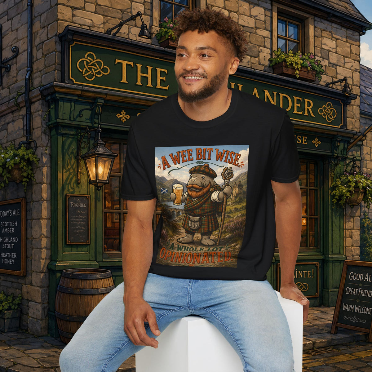 A Wee Bit Wise A Whole Lot Opinionated Shirt | Funny Scottish Manatee Tee | Highland Humor Graphic T-Shirt