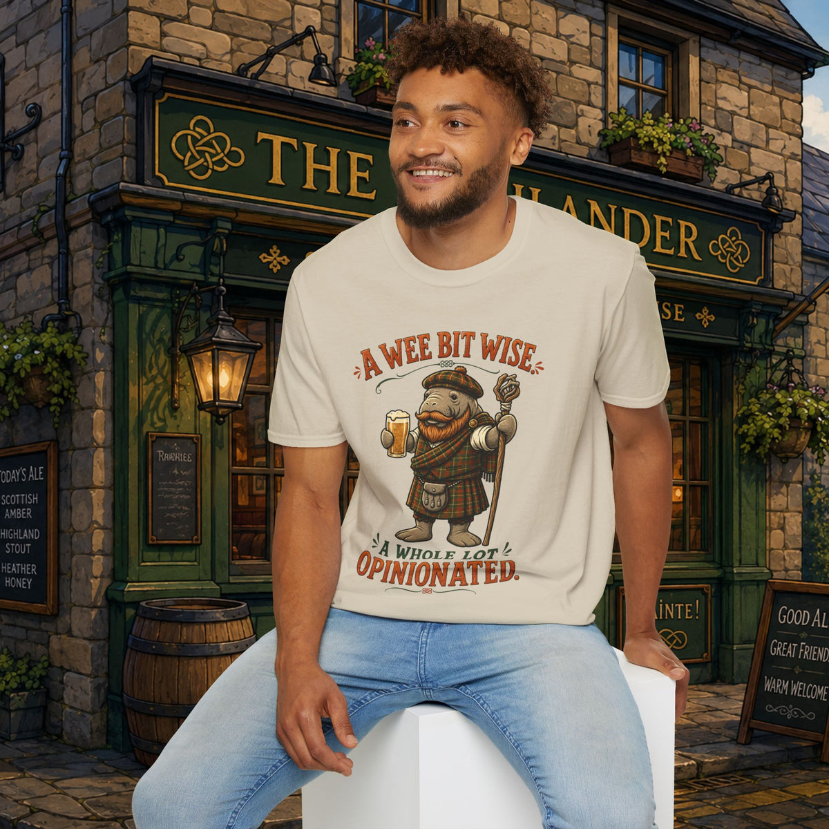 A Wee Bit Wise A Whole Lot Opinionated Shirt | Funny Scottish Manatee Tee | Highland Humor Graphic T-Shirt