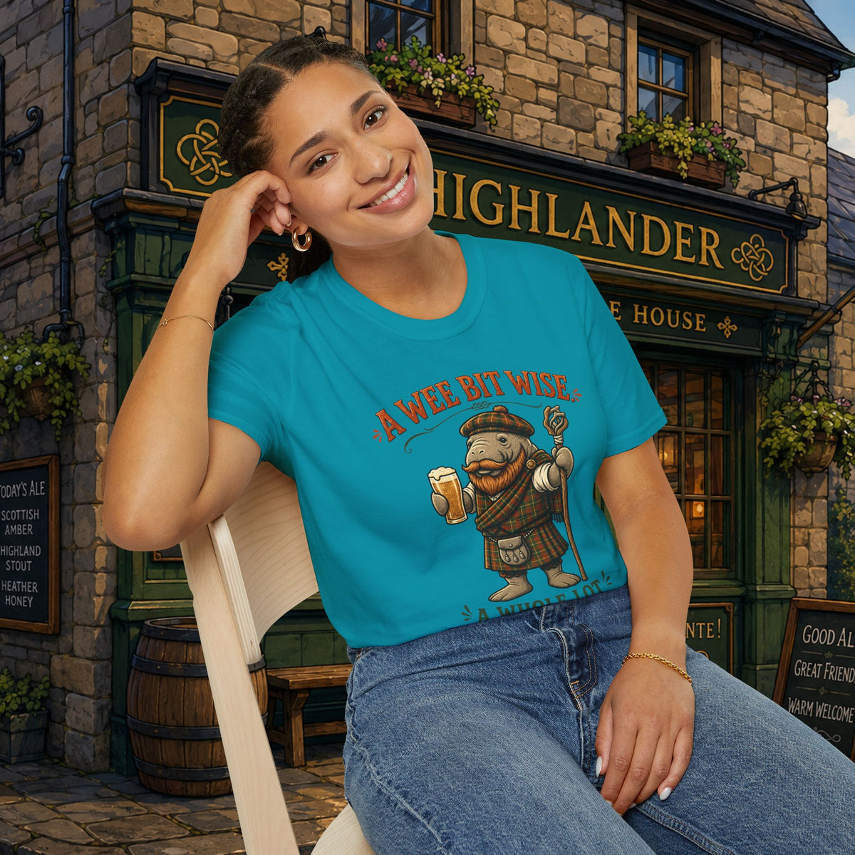 A Wee Bit Wise A Whole Lot Opinionated Shirt | Funny Scottish Manatee Tee | Highland Humor Graphic T-Shirt