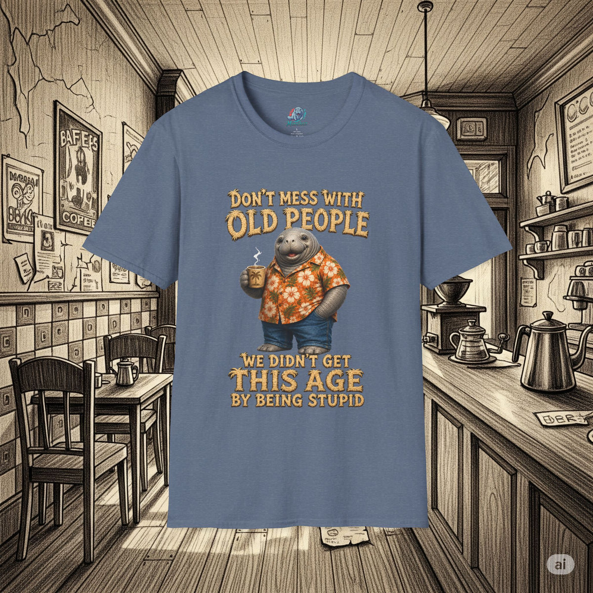 Don't Mess With Old People Shirt | Funny Manatee Humor Tee | We Didn't Get This Age By Being Stupid no background